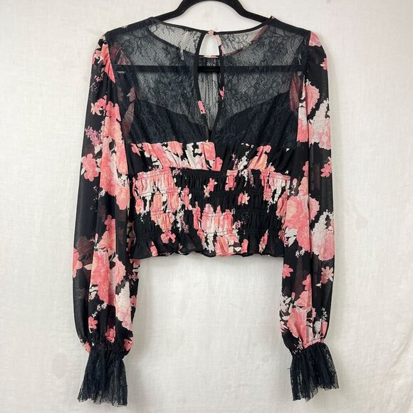 Free People Cropped Semi Sheer Lace Top Women M Floral Whimsygoth Dark Romantic - Picture 6 of 14